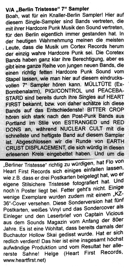 Berlin Tristesse Sampler-Review aus dem Plastic-Bomb-Fanzine aus dem Juni 2014
